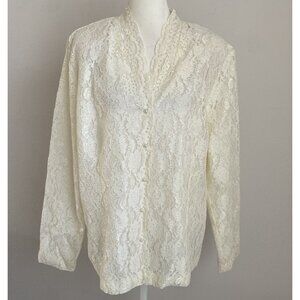 Karen Scott Jacket Large Ivory Lace Pearl Accents Scallop Front Button Up Jacket